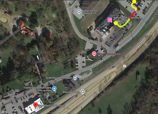 Leno's route from the hotel to the sports bar at the bottom of the hill. 